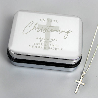 Personalised Christening Trinket Box & Cross Necklace Set