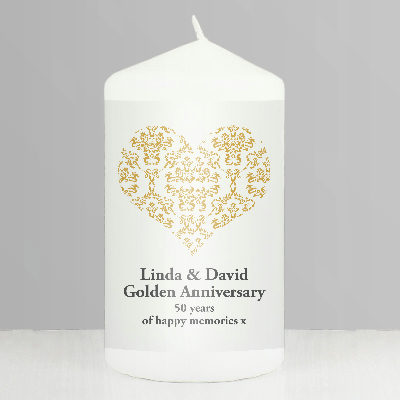 Personalised Gold Damask Heart Pillar Candle