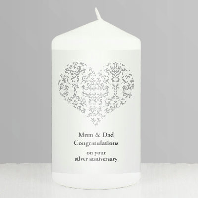 Personalised Silver Damask Heart Pillar Candle