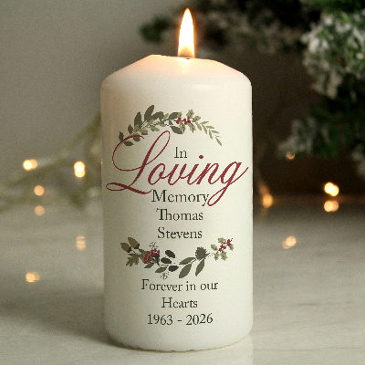 Personalised In Loving Memory Wreath Pillar Candle