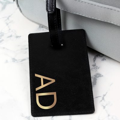 Personalised Gold Initials Black Leather  Luggage Tag