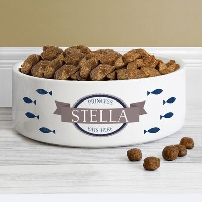 Personalised Blue Fish 15cm Medium White Pet Bowl
