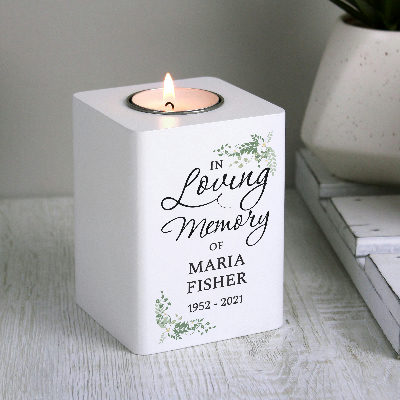 Personalised In Loving Memory White Wooden Tea light Holder