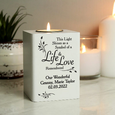 Personalised Life & Love White Wooden Tea Light Holder