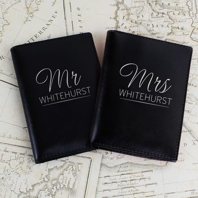Personalised Mr & Mrs Black Leather Passport Holders